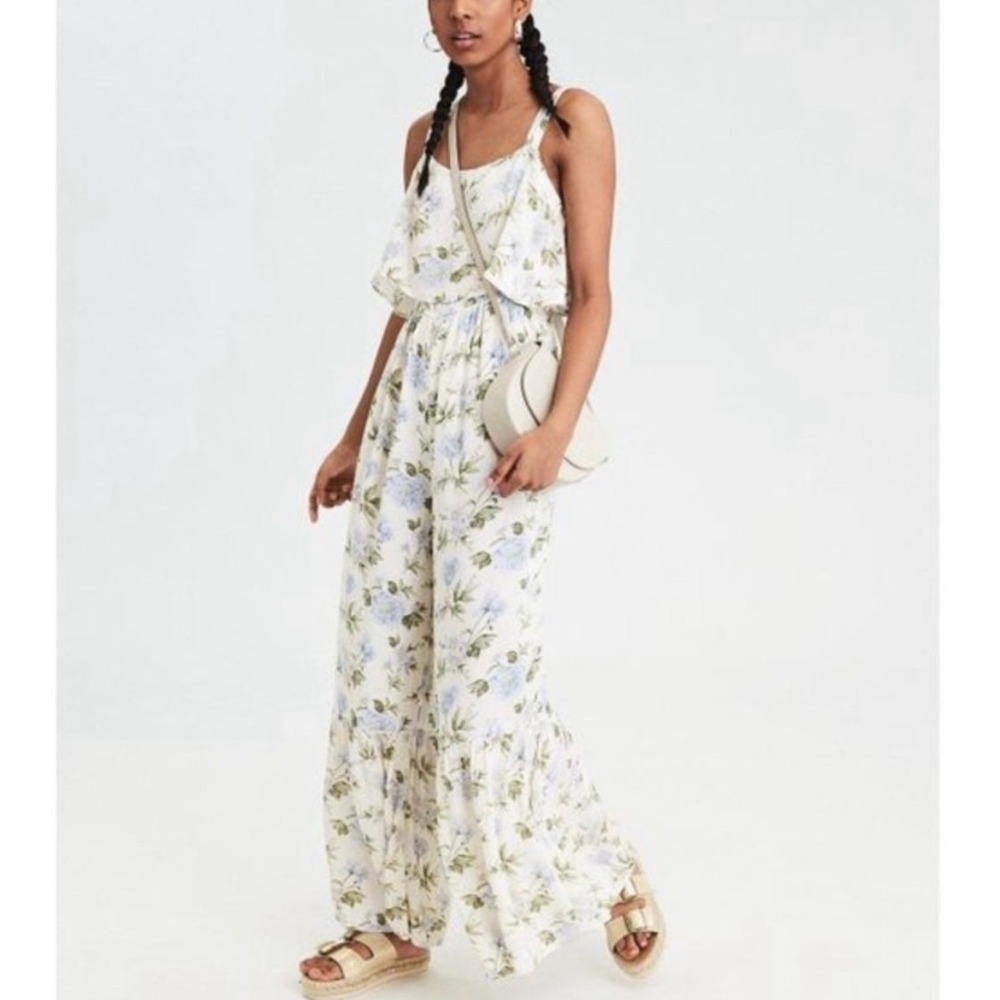 American Eagle Boho Floral Ruffle Hem Wide Leg Jumpsuit NWT Size S